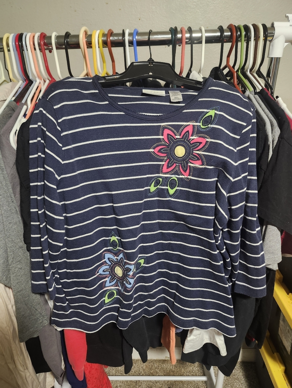 Y2K Style Alfred Dunner Petite XL Blue Striped Floral Embroidered Long Sleeve